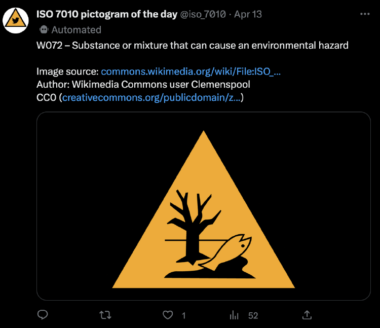 A screenshot of a tweet in the Twitter web app. The tweet is of a triangular yellow warning sign which has a graphic showing a toxic environment. The text reads 'W072 - substance of mixture that can cause an environmental hazard' and includes source link, author and license attribution.