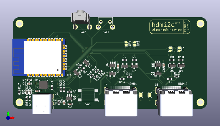 A computer-rendered image of a green printed circuit board. It has two HDMI connectors, a USB-C connector, a silvery MCU on a castellated module and a sprinkling of resistors, transisitors and other components