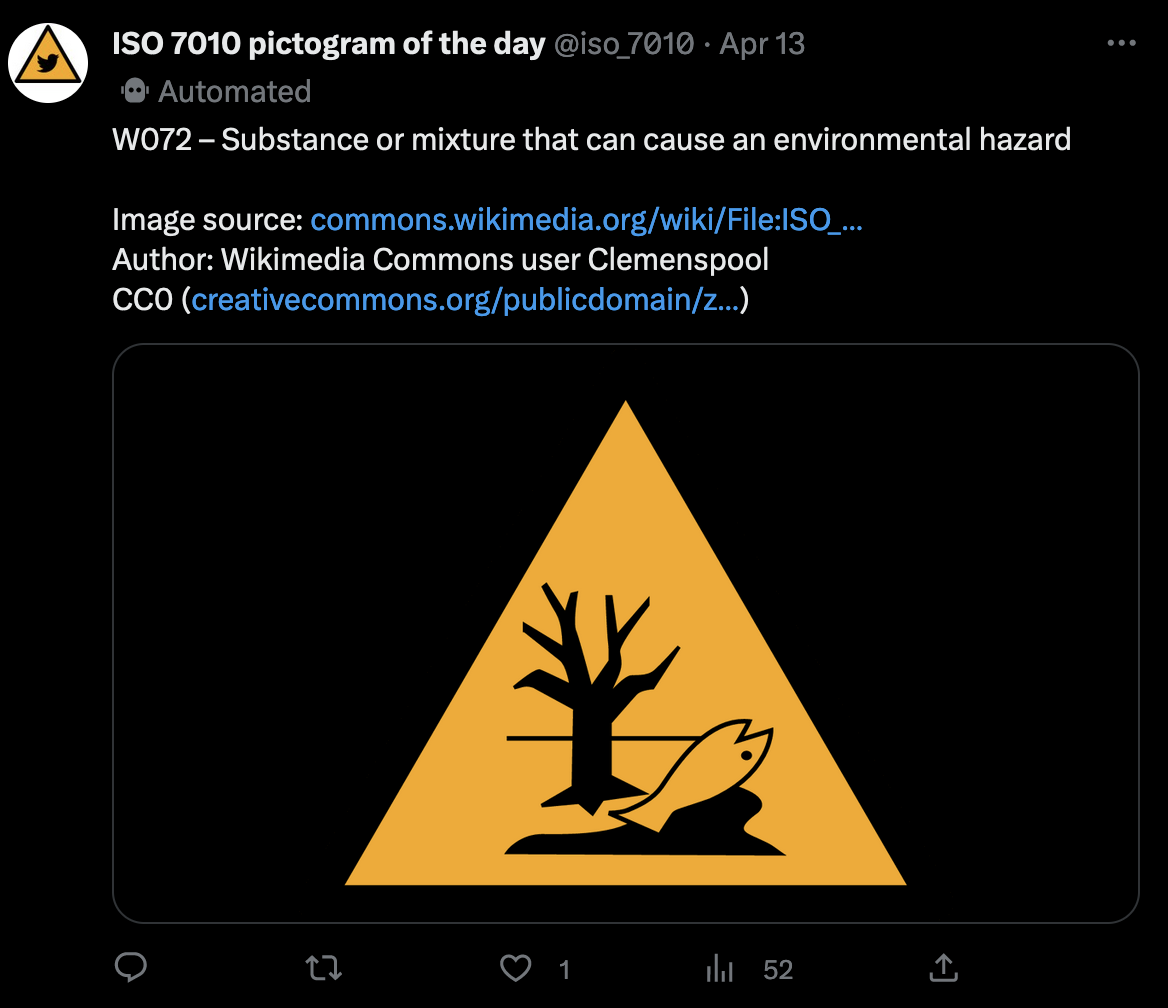 A screenshot of a tweet in the Twitter web app. The tweet is of a triangular yellow warning sign which has a graphic showing a toxic environment. The text reads 'W072 - substance of mixture that can cause an environmental hazard' and includes source link, author and license attribution.