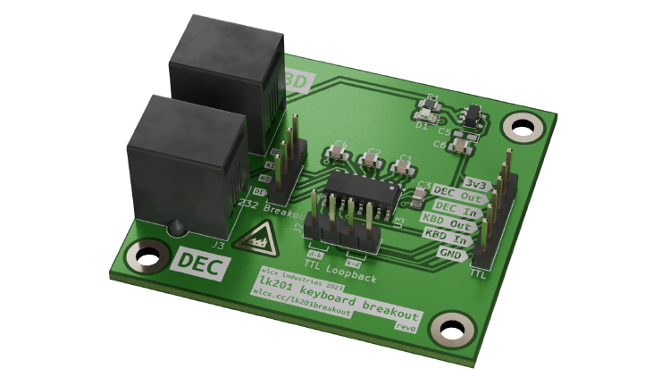 A 3D render of a square PCB. It has two black connectors, and a handful of small passive components surrounding one main integrated circuit in the middle.