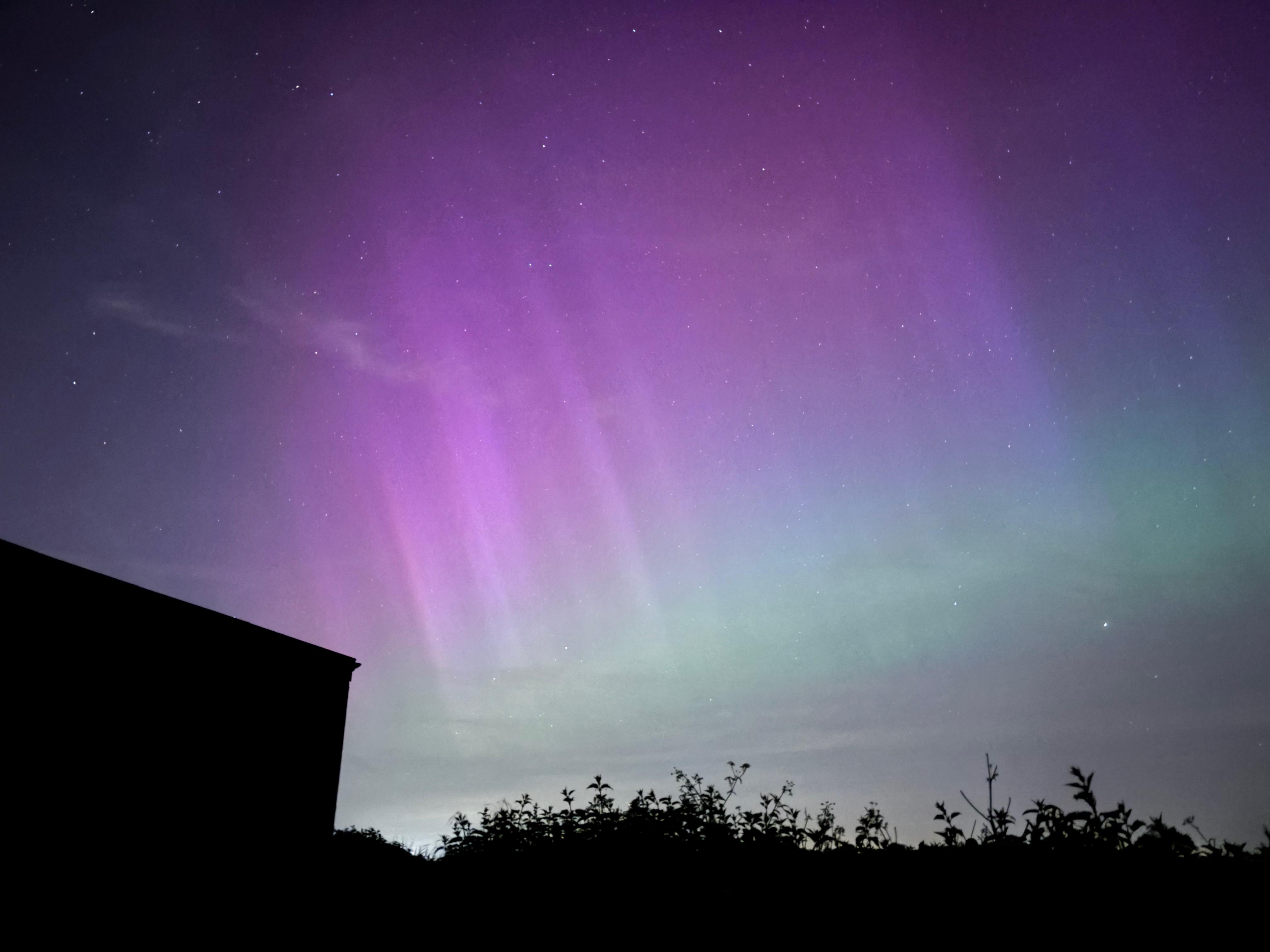 A photo of the Aurora Borealis, with a dark silhouette of a building and hedgerow in front